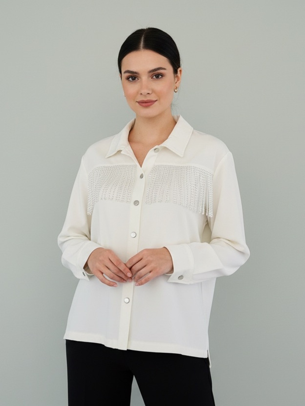 Fringe-Trim Cream Button-Front Shirt